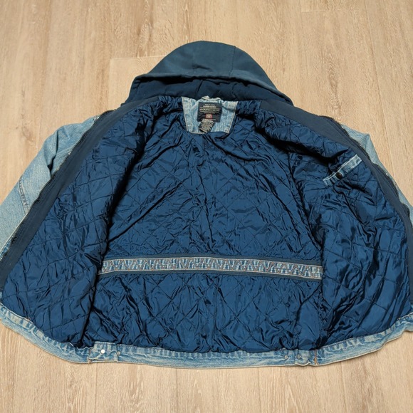 Vintage Faded Glory Mens L Blue Denim Hooded Jacket Quilted Lined Distressed - Picture 2 of 11